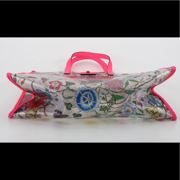 Gucci Tote Bag In Translucent Flora Print with Pink Trim - Picture 4 of 12